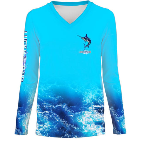 Blue Tiger Marlin Womens LS V-Neck