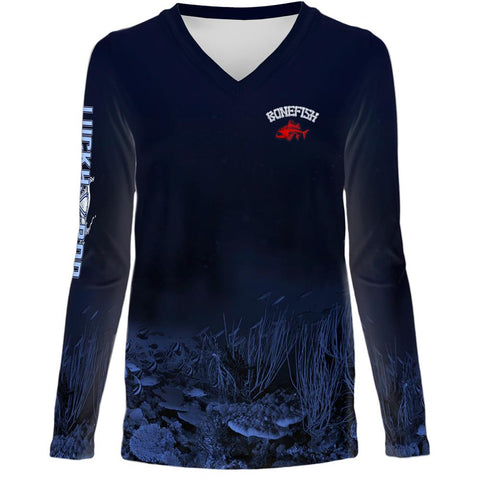 Bonefish Red Womens LS V-Neck Allover