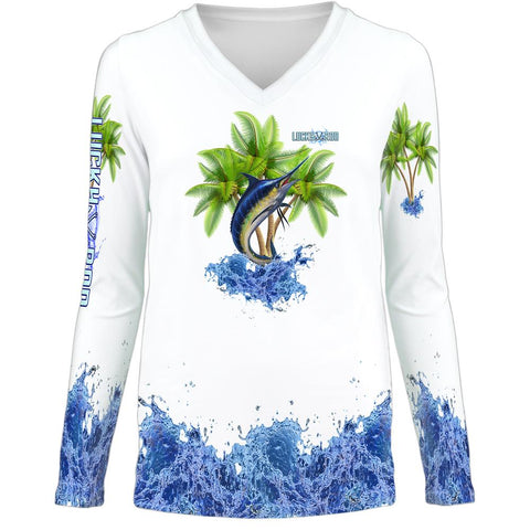Marlin Palm Trees Womens LS V-Neck