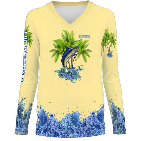 Marlin Palm Trees Womens LS V-Neck