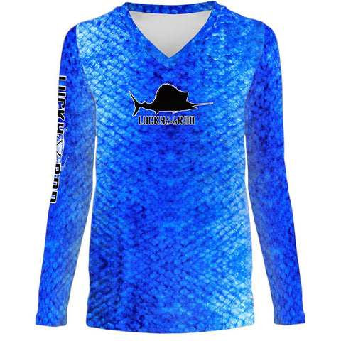 Marlin Skin Blue Womens LS V-Neck Allover