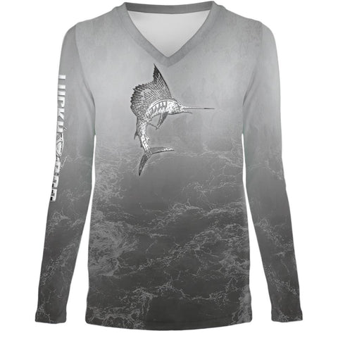 Metalic Marlin Womens LS V-Neck