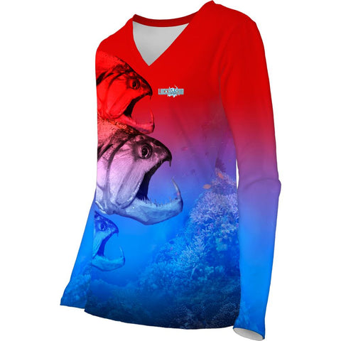 Three Head Beast Womens LS V-Neck Allover