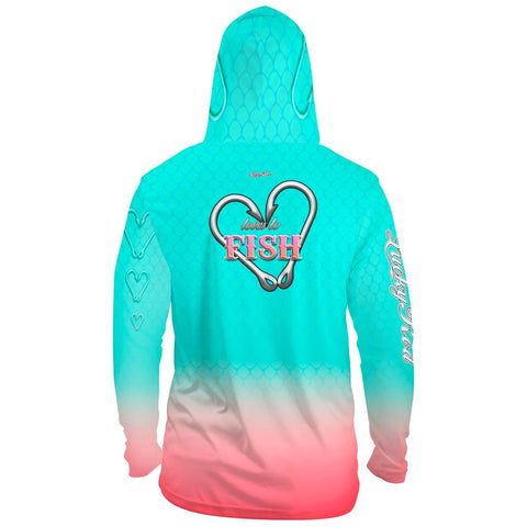 Love To Fish Teal Mens Performance LS With Hood Allover