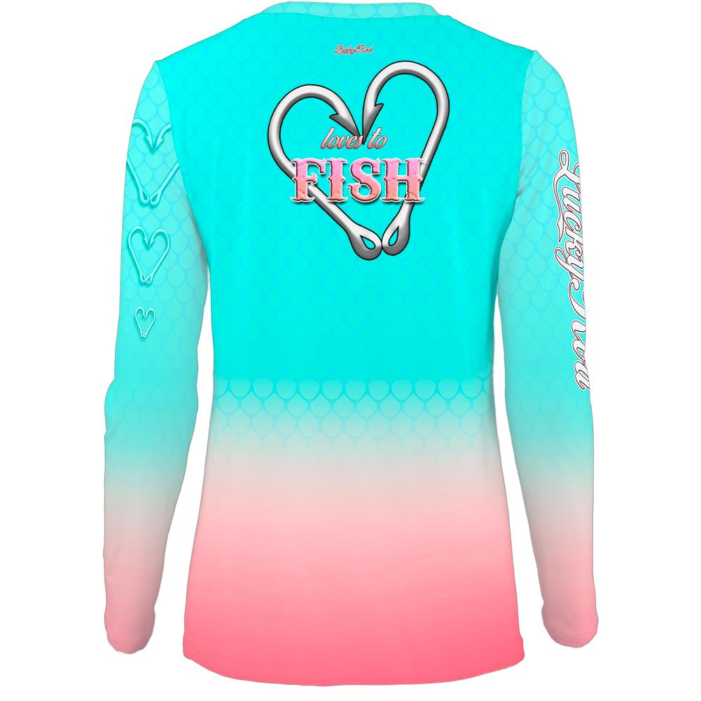 Love To Fish Teal Womens LS V-Neck Allover