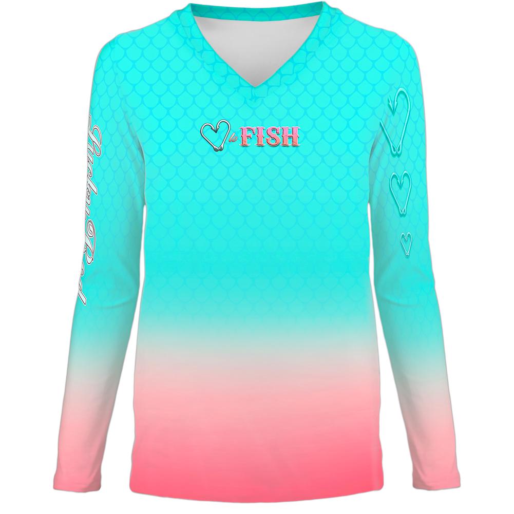 Love To Fish Teal Womens LS V-Neck Allover