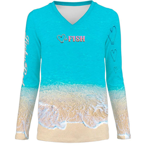 Love To Fish Sand Womens LS V-Neck Allover