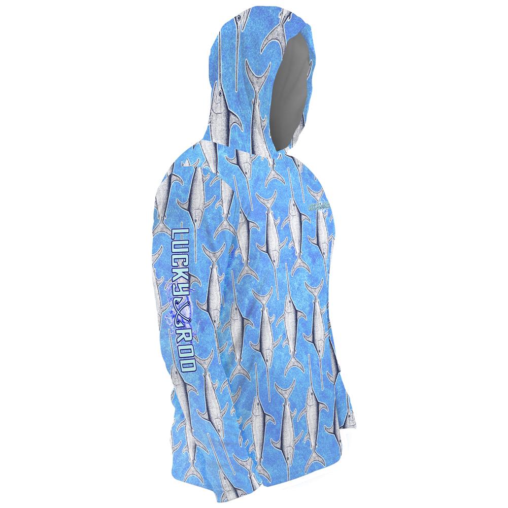 Baby Blue Fish Mens Performance LS With Hood Allover