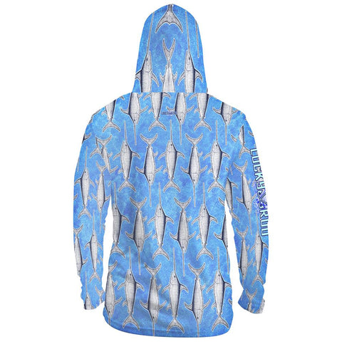 Baby Blue Fish Mens Performance LS With Hood Allover
