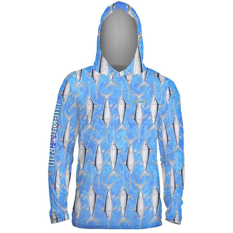 Baby Blue Fish Mens Performance LS With Hood Allover
