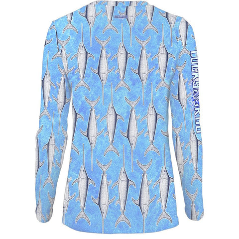 Baby Blue Fish Womens LS V-Neck Allover