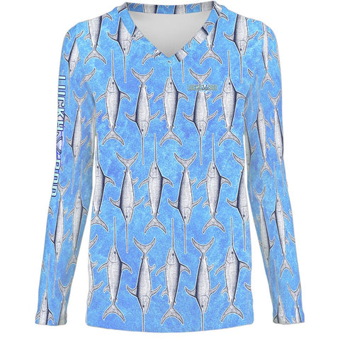 Baby Blue Fish Womens LS V-Neck Allover