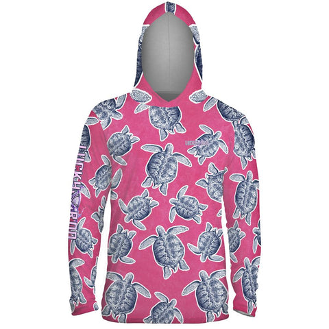 Turtle Shuffle Pink Mens Performance LS With Hood Allover
