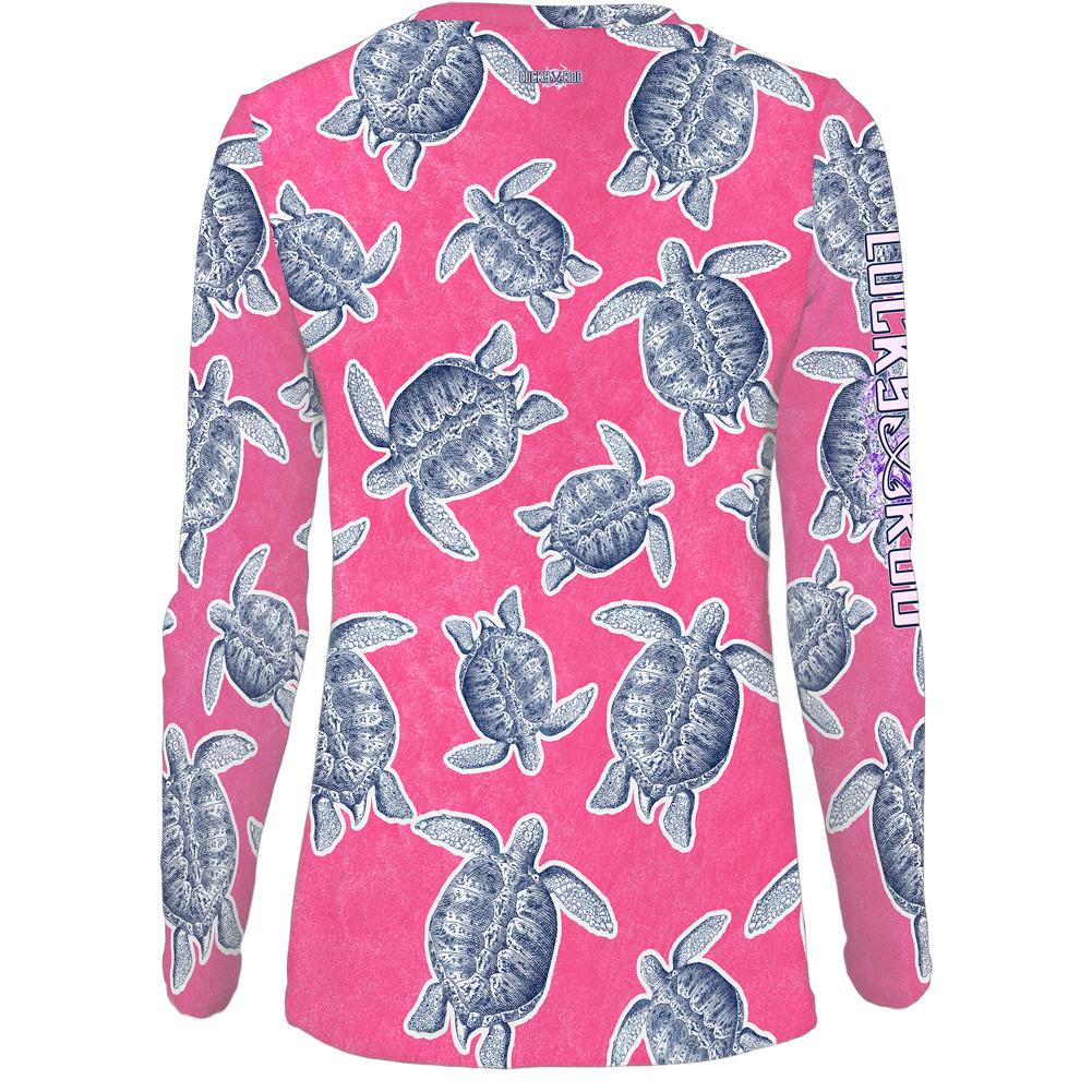 Turtle Shuffle Pink Womens LS V-Neck Allover