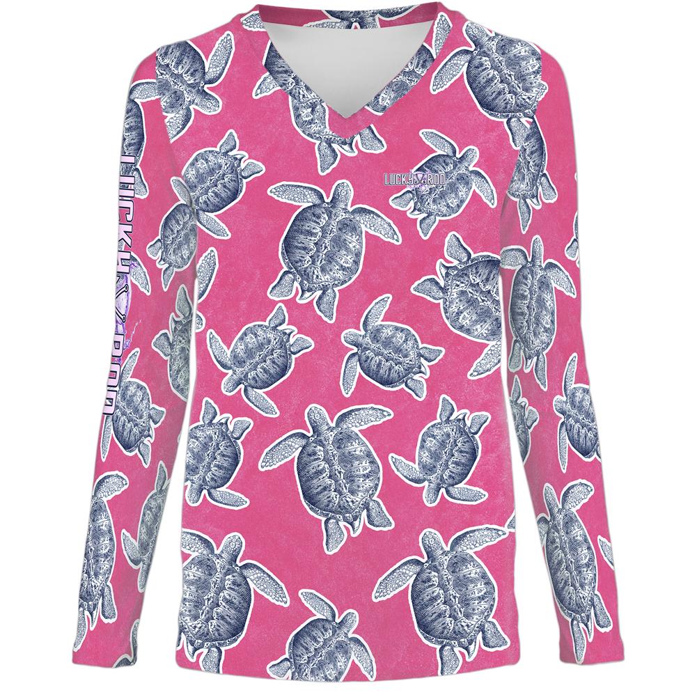 Turtle Shuffle Pink Womens LS V-Neck Allover