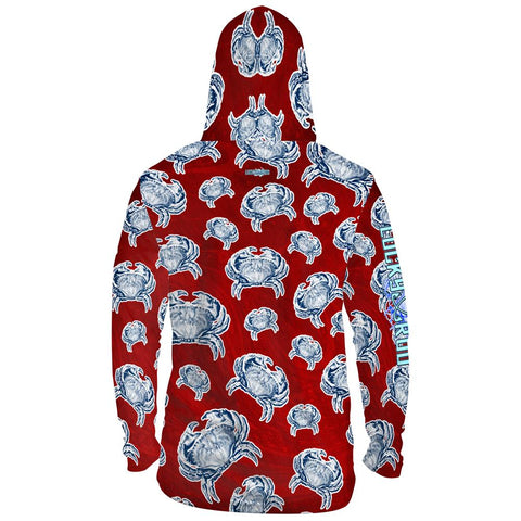 Crab Sunrise Red Mens Performance LS With Hood Allover
