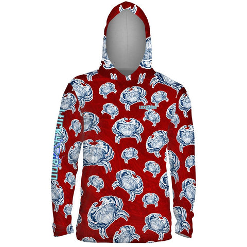 Crab Sunrise Red Mens Performance LS With Hood Allover