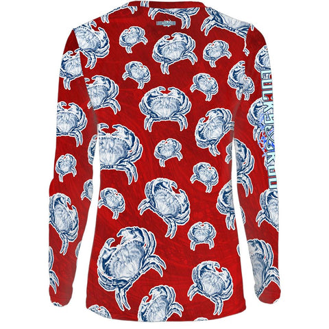 Crab Sunrise Red Womens LS V-Neck Allover