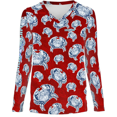 Crab Sunrise Red Womens LS V-Neck Allover