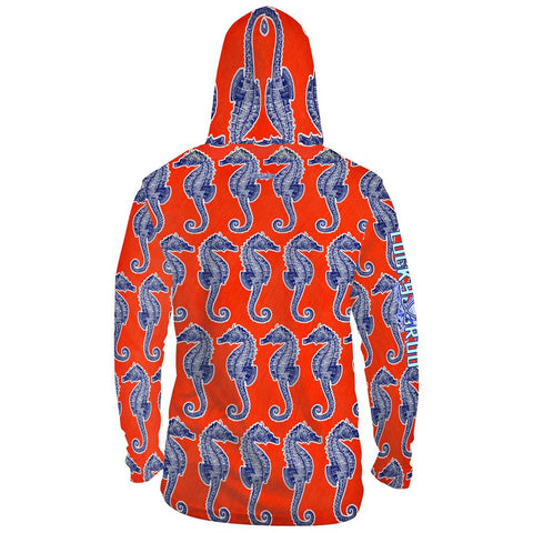 Seahorse Weekend Orange Mens Performance LS With Hood Allover
