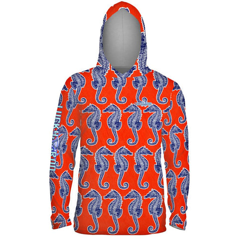 Seahorse Weekend Orange Mens Performance LS With Hood Allover