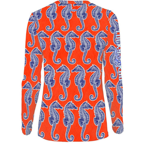 Seahorse Weekend Orange Womens LS V-Neck Allover