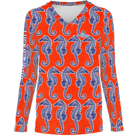 Seahorse Weekend Orange Womens LS V-Neck Allover