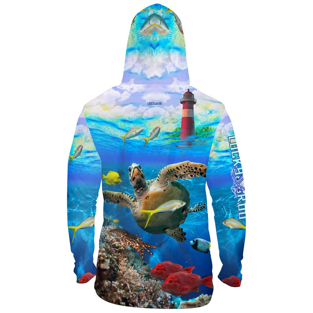 Turtle Lighthouse Mens Performance LS With Hood Allover