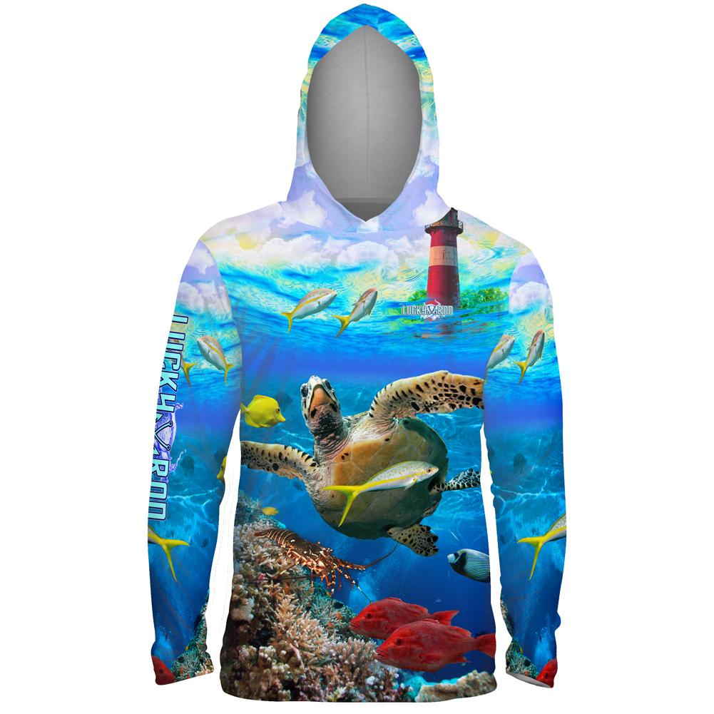 Turtle Lighthouse Mens Performance LS With Hood Allover