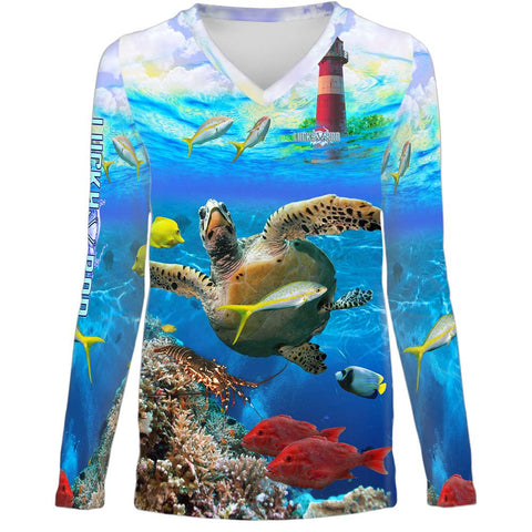 Turtle Lighthouse Womens LS V-Neck Allover